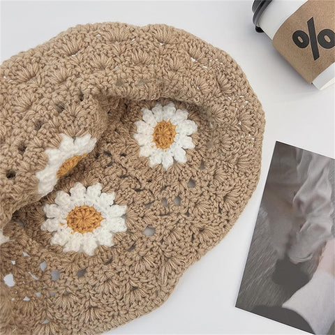 Crochet Bucket Hat Women Trendy Knit Floral Floppy Cap Cute Boho Flower Handmade Beanies Fashion Outdoor Boho Cloche Travel 149