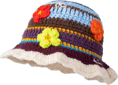 Knitted Bucket Hat for Women Handmand Floral Crochet Cap Summer Outdoor for Girls 1022