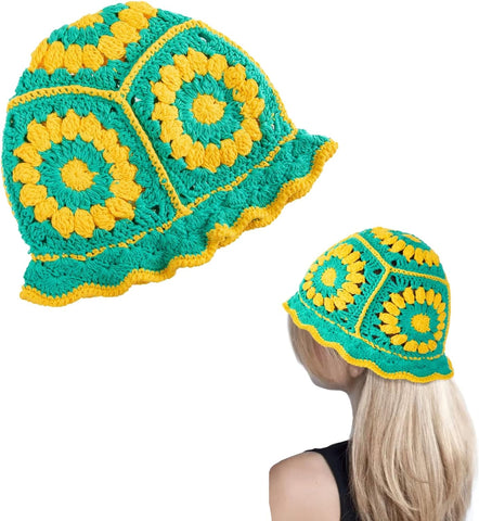 Knitted Bucket Hat for Women Handmand Floral Crochet Cap Summer Outdoor for Girls 926