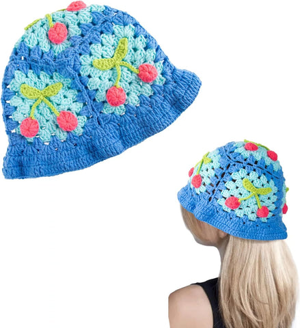 Knitted Bucket Hat for Women Handmand Floral Crochet Cap Summer Outdoor for Girls 941